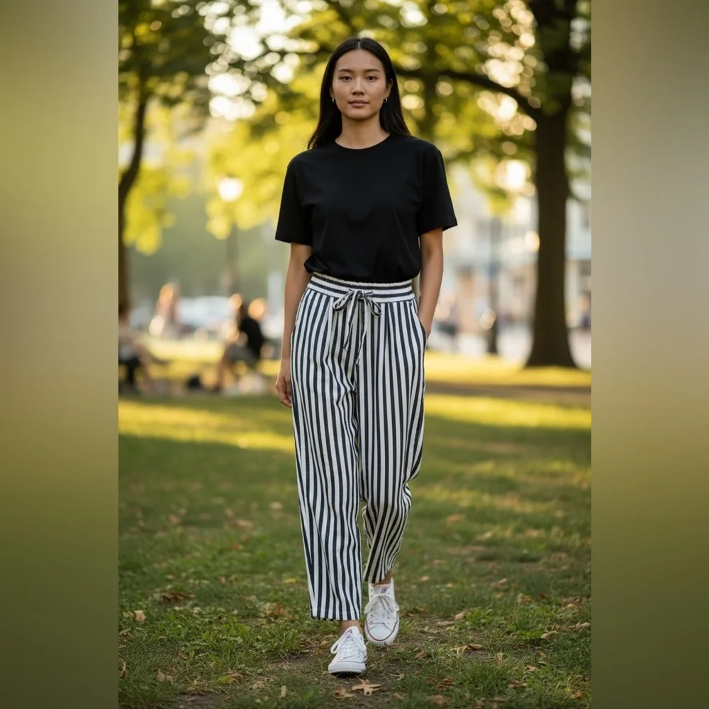 ZARA Navy White Striped Paperbag Waist Pants Size 8 - Picture 5 of 13